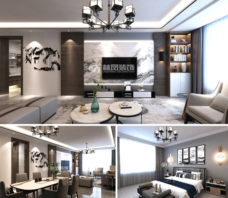 沈陽(yáng)富力院士廷138平新中式風(fēng)格裝修效果圖